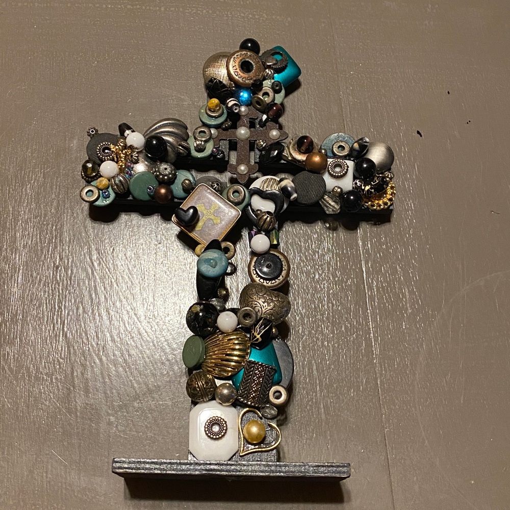 Handmade Decorative Black Wooden Cross Embellished With Jewelry and Beads